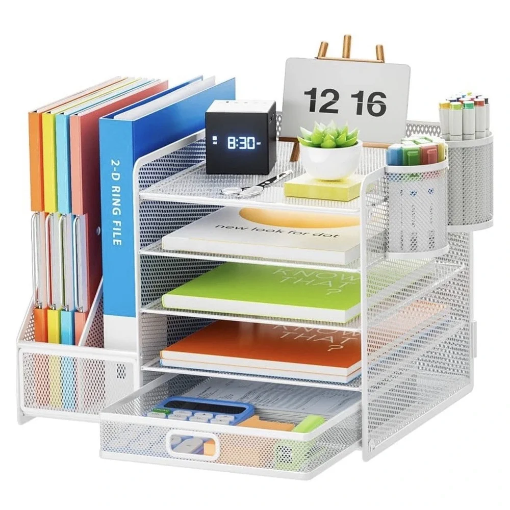 Desk Organizer with File Holder, 5-Tier Paper Letter Tray Organizer with Drawer